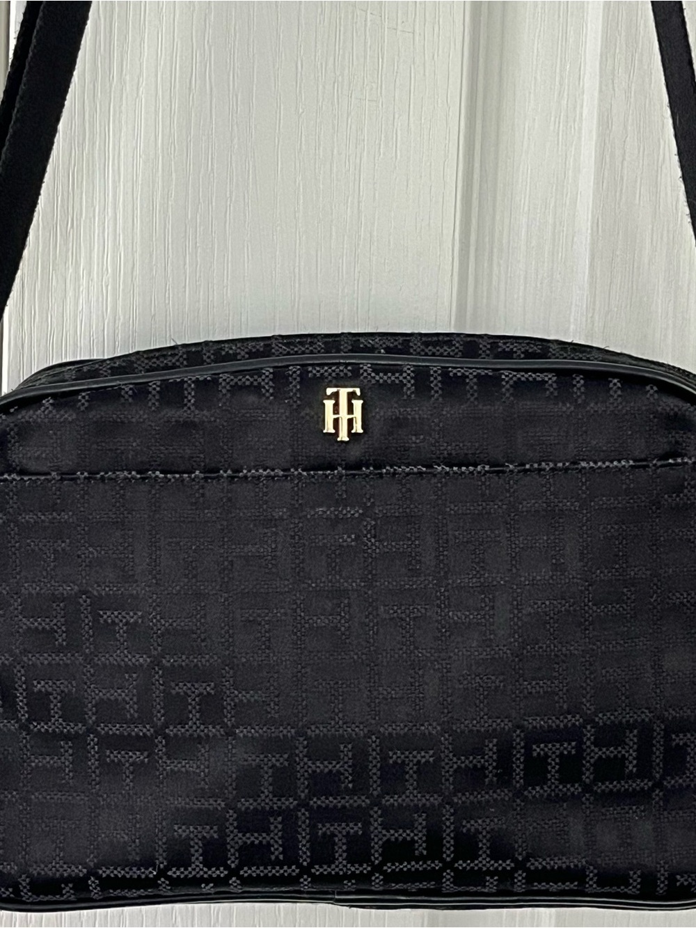 Tommy Hilfiger Crossbody Bag Black Monogram Print Multi Zip Shoulder Purse